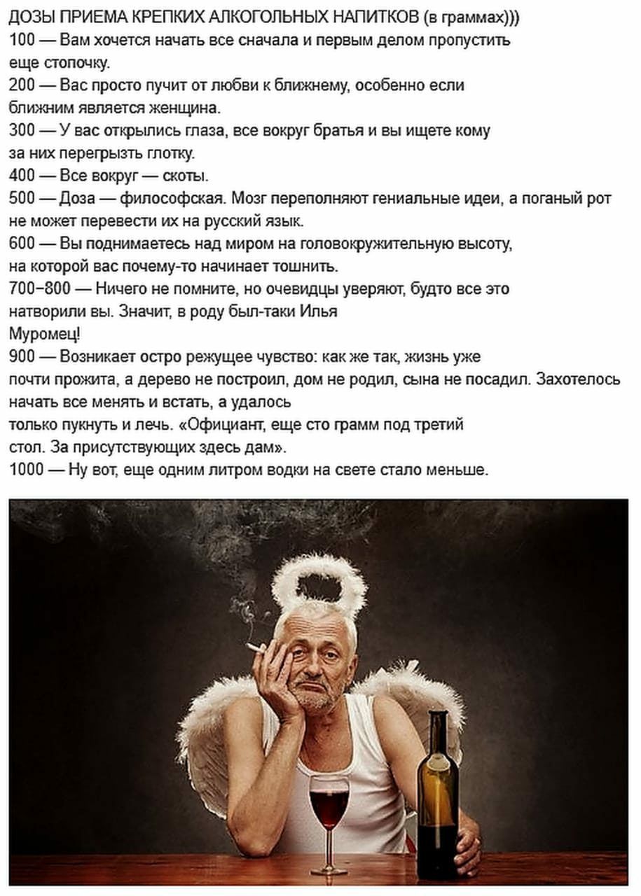 ДОЗЫ ПРИЕМА КРЕПКИХ АЛКОГОЛЬНЫХ НАПИТКОВ в граммах 100 Вам хочется начать все сначала и первым делом пропустить еще стопочку 200 Вас просто пучит от любви к ближнему особенно если ближним является женщина 300 У вас открылись глаза все вокруг братья и вы ищете кому за них перегрызтъ глотку 400 Все вокруг скоты 500 Доза философская Мозг переполняют гениальные идеи а поганый рот не может перевести их