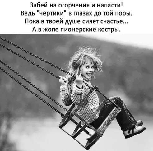 Забей на огорчения и напасти Ведь чертики в глазах до той поры Пока в твоей душе сияет счастье А в жопе пионерские костры