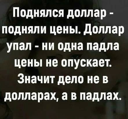 Поднялся доллар подняли цены доллар упал ни одна падла цены не опускает Значит дело не в долларах а в падлах