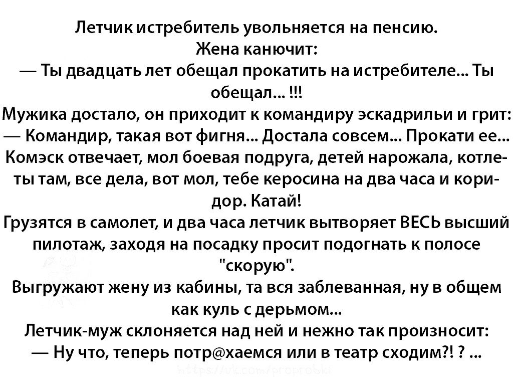Летчик истребитель увольняется на пенсию Жена канючит Ты двадцать лет обещал прокатить на истребителе Ты Мужи ка достало он приходит к командиру эскадрильи и грит Командир такая вот фигня Достала совсем Прокати ее Комэск отвечает мол боевая подруга детей нарожала котле ты там все дела вот мол тебе керосина на два часа и кори дор Катай Грузятся в самолет и два часа летчик вытворяет ВЕСЬ высший пило
