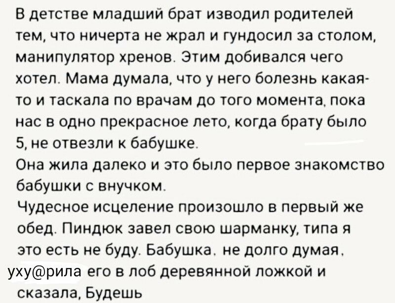 В детстве младший брат изводил родителей тем что ничерта не жрал и гундосип за столом манипулятор хренов Этим добивался чего хотел Мама думала что у него болезнь какая то и таскала по врачам до того момента пока нас в одно прекрасное лето когда брату было 5 не отвезли к бабушке Она жила далеко и это было первое знакомство бабушки с внучком Чудесное исцеление произошло в первый же обед Пиндюк завел