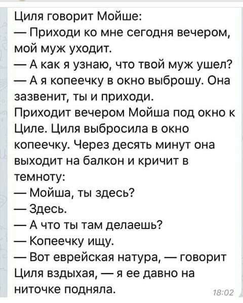 Циля говорит Мойше Приходи ко мне сегодня вечером мой муж уходит А как я узнаю что твой муж ушел А я копеечку в окно выброшу Она зазвенит ты и приходи Приходит вечером Мойша под окно к Ципе Циля выбросила в окно копеечку Через десять минут она выходит на балкон и кричит в темноту Мойша ты здесь Здесь А что ты там делаешь Копеечку ищу Вот еврейская натура говорит Циля вздыхая я ее давно на ниточке 