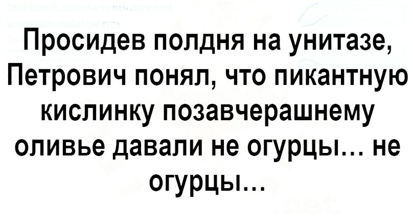 Просидев полдня на унитазе Петрович понял что пикантную киспинку позавчерашнему опивье давали не огурцы не огурцы