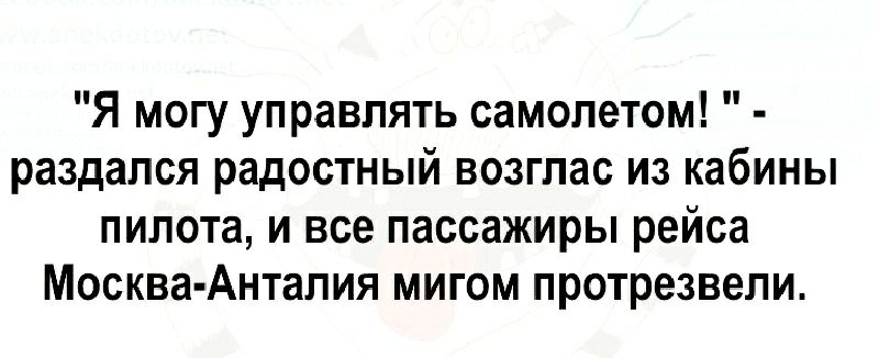 Я могу управлять самолетом раздался радостный возглас из кабины пилота и все пассажиры рейса Москва Анталия мигом протрезвели