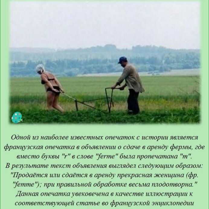 Одной из наиболее известных опечаток с истории является французская опечатка в объявлении о сдаче в аренду фермы где вместо буквы к в слове егте бьша пронечатана т В результате текст объявления выглядел следующим образом Продаётся ши сдается в аренду прекрасная женщина фр етте при правильной обработке весьма плодотворна Данная опечатка увековечена качестве иллюстрации к соответствующей статье во ф