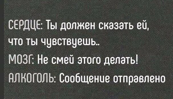 СЕРДЦЕ Ты должен сказать ей что ты чувствуешь МОЗГ Не смей этого делать ЯЛКОГОЛЬ Сообщение отправлено