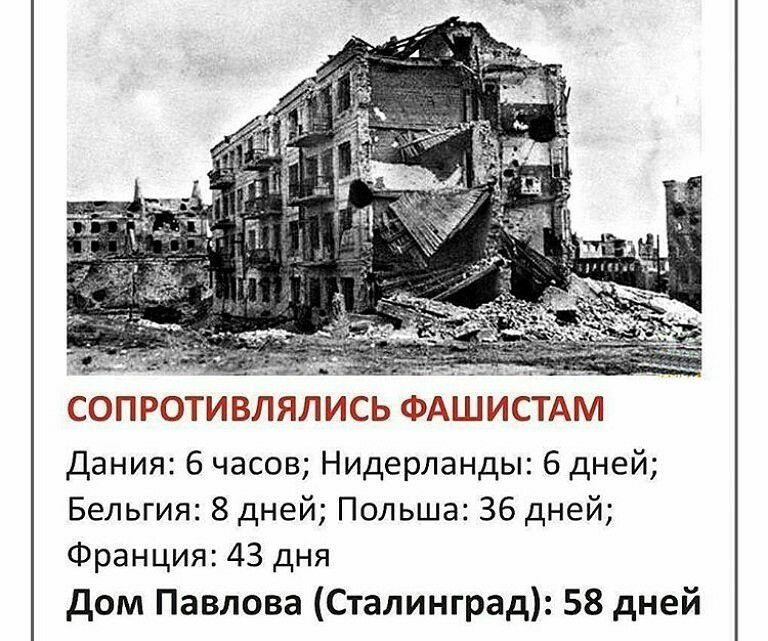 Сопротивлялись фашистам дания: 6 часов; нидерланды: 6 дней; бельгия: 8 дней; польша: 36 дней; франция: 43 дня дом павлова сталинград: 58 дней