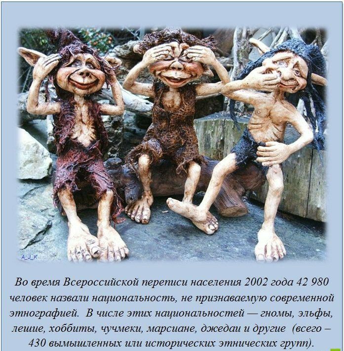 Во время Всероссийской переписи населения 2002 года 42 980 человек назвали национальность не признаваеиую современной этнографией В числе этих национальностей _ гномы эльфы лешие хоббитьц чучиеки марсиане джедаи и другие всего 7 430 вьшьъшленньш или исторических этнических групп