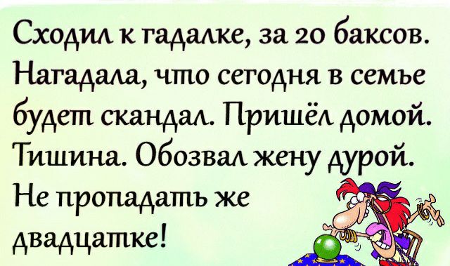 Сходил к гадалке за 20 баксов Нагадала что сегодня в семье будет скандал Пришёд домой Тишина обозвал жену дурой Не пропадать же двадцатке