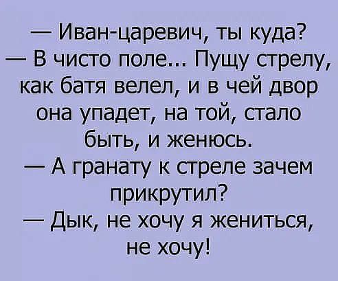 Иванцаревич ты куда В чисто поле Пущу стрелу как батя велел и в чей двор она упадет на той стало быть и женюсь А гранату к сгреле зачем прикрутил Дык не хочу я жениться не хочу