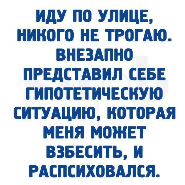 ИДУ ПО УЛИЦЕ НИНОГП НЕ ТРОГ АЮ ВНЕЗАПНО ПРЕДСТАВИЛ СЕБЕ ГИПОТЕТИЧЕСНУЮ СИТУАЦИЮ КОТОРАЯ МЕНЯ МОЖЕТ ВЗБЕСИТЬ И РАСПСИХ03АЛСЯ