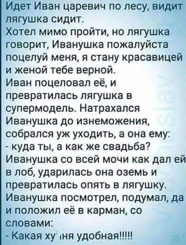 Иван царевич по лесу гушка сидит Хотел мимо пройти но лягушка говорит Иванушка пожалуйста поцелуй меня я стану красавицей и женой тебе верной Иван поцеловал её и превратилась лягушка в супермодель Натрахался Иванушка до изнеможения собрался уж уходить а она ему куда ты а как же свадьба Иванушка со всей мочи как дал ей в лоб ударилась она оаемь и превратилась опять в лягушку Иванушка посмотрел поду