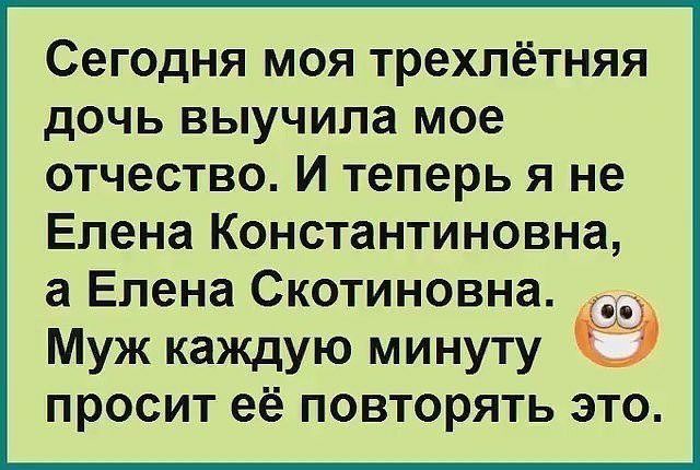 Сегодня моя трехлётняя дочь выучила мое отчество И теперь я не Елена Константиновна а Елена Скотиновна Муж каждую минуту просит её повторять это