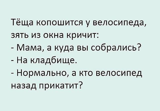 Тёща копошится у велосипеда зять из окна кричит Мама а куда вы собрались На кладбище Нормально а кто велосипед назад прикатит