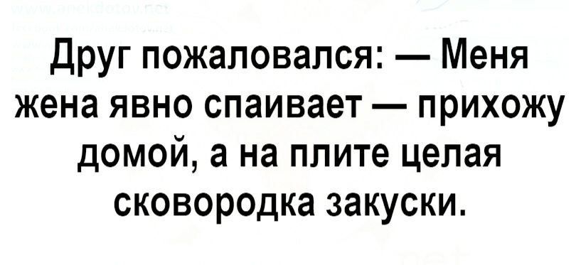 Друг пожаловался Меня жена явно спаивает прихожу домой а на плите целая сковородка закуски