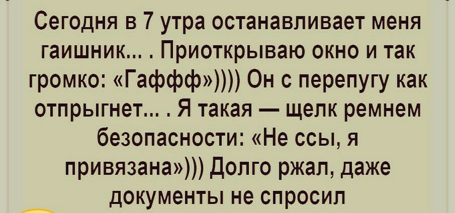 Сегодня в 7 утра останавливает меня гаишник Приоткрываю окно и так громко Гаффф Он с перепугу как отпрыгнет Я такая щелк ремнем безопасности Не ссы я привязана долго ржал даже документы не спросил
