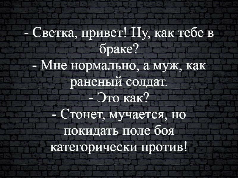 Светка привет Ну как тебе в браке Мне нормально а муж как раненый солдат Это как Стонет мучается но покидать поле боя категорически против