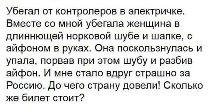 Убегал от контролеров в электричке. Вместе со мной убегала женщина в длиннющей норковой шубе и шапке, с айфоном в руках. Она поскользнулась и упала, порвав при этом шубу и разбив айфон. И мне стало вдруг страшно за россию. До чего страну довели! Сколько же билет стоит?
