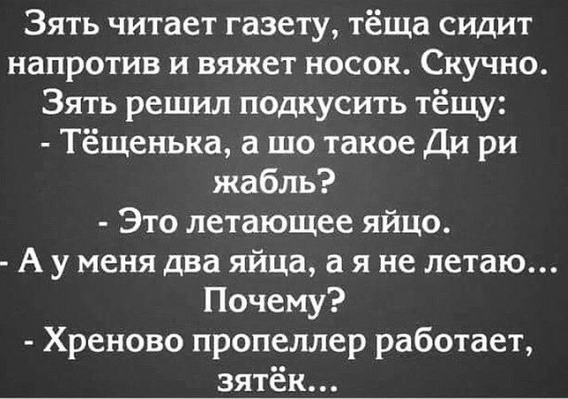 Зять читает газету тёща сидит напротив и вяжет носок Скучно Зять решил поднусить тёщу Тёщенька а шо такое Ди ри жабль Это летающее яйцо А у меня два яйца а я не летаю Почему Хреново пропеллер работает зятёк