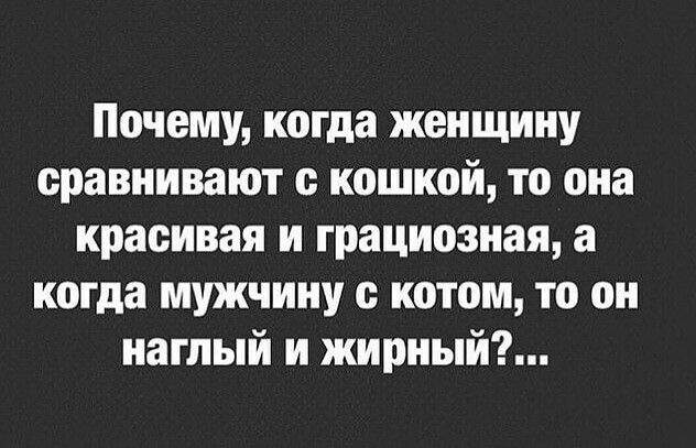 Почему когда женщину сравнивают с кошкой то она красивая и грациозная а когда мужчину с котом то он наглый и жирный