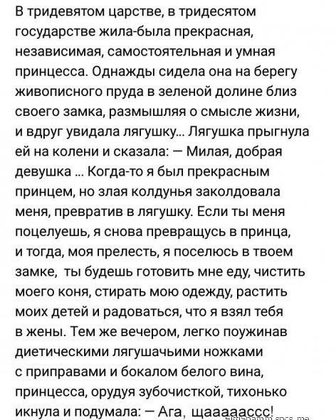 В тридевятом царстве в тридевятом государстве жилабыпа прекрасная независимая самостоятельная и умная принцесса Однажды сидела она на берегу живописного пруда в зеленой долине близ СВОЕГО замка размышляя 0 смысле ЖИЗНИ и вдруг увидала лягушку Лягушка прыгнула ей на колени и сказала Мипая добрая девушка Когдагто я был прекрасным принцем но злая колдунья заколдовапа меня превратив в лягушку Если ты 