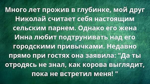 Много лет прожив в глубинке мой друг Николай считает себя на сельским парнем60д Инна любит подтруни городскими привычк прямо при гостях она заяви а д ы отродясь не знал как корова выглядит пока не встретил меня