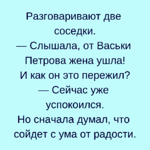 Разговаривают две соседки Слышала от Васьки Петрова жена ушла И как он это пережил Сейчас уже успокоился Но сначала думал что сойдет с ума от радости