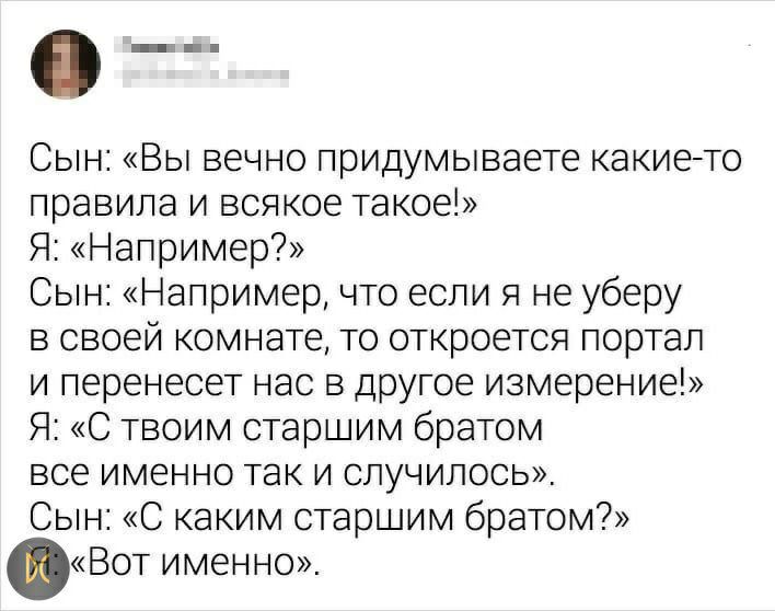 Сын Вы вечно придумываете какието правила и всякое такое Я Например Сын Например что если Я не уберу в своей комнате то откроется портал и перенесет нас в другое измерение Я С твоим старшим братом все именно так и случилось Сын С каким старшим братом Вот именно