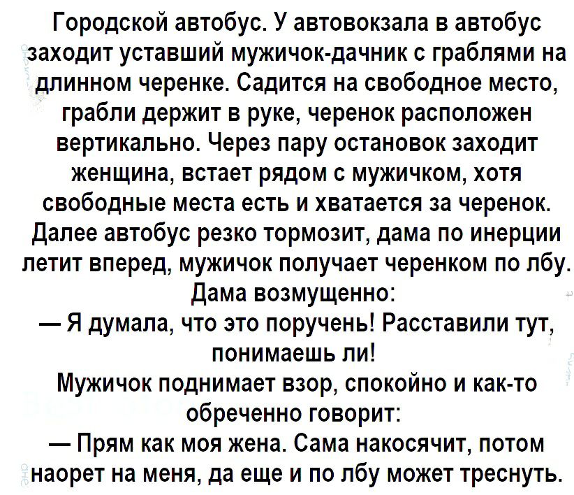 Городской автобус У автовокзала в автобус заходит уставший мужичок дачник с граблями на длинном черенке Садится на свободное место грабли держит в руке черенок расположен вертикально Через пару остановок заходит женщина встает рядом с мужичком хотя свободные места есть и хватается за черенок Далее автобус резко тормозит дама по инерции летит вперед мужичок получает черенком по лбу Дама возмущенно 