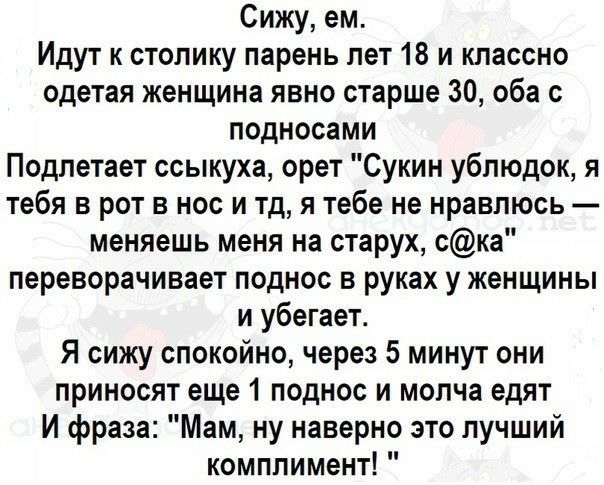 Сижу ем Идут к столику парень лет 18 и классно одетая женщина явно старше 30 оба с подносами Подпетает ссыкуха орет Сукин ублюдок я тебя в рот в нос и тд я тебе не нравлюсь меняешь меня на старух ска переворачивает поднос в руках у женщины и убегает Я сижу спокойно через 5 минут они приносят еще 1 поднос и молча едят И фраза Мам ну наверно это лучший комплимент