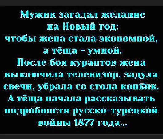 Мужик загадал желание на Новый год чтобы жена стала экономной а тёща умной После боя курантов жеиа выключила телевизор задула свечи убрала со стола кошТя к А тёща начала рассказывать иодробиости русскоттуреикой войны 1877 года