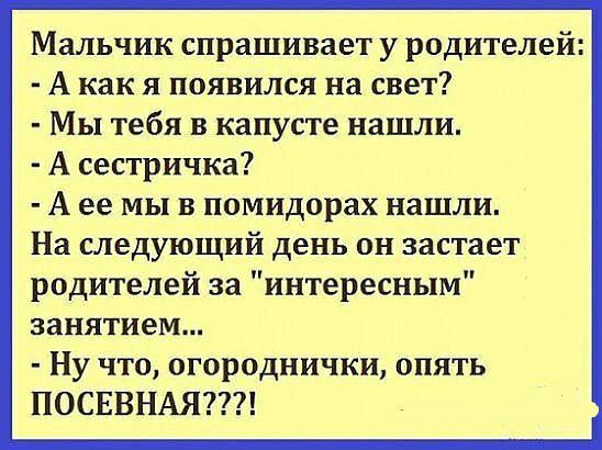 Мальчик спрашивает у родителей А как я появился на свет Мы тебя в капусте нашли А сестричка А ее мы в помидорах нашли На следующий день он застает родителей за интересным занятием Ну что огороднички опять ПОСЕВНАЯ