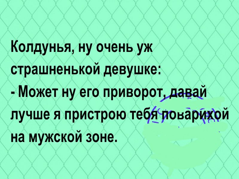 Колдунья, ну очень уж страшненькой девушке:  может ну его приворот, давай лучше я пристрою тебяповарйхой на мужской зоне.