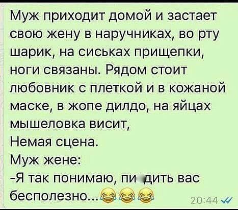 Муж приходит домой и застает свою жену в наручниках, во рту шарик, на сиськах прищепки, ноги связаны. Рядом стоит любовник с плеткой и в кожаной маске, в жопе дилдо, на яйцах мышеловка висит, немая сцена. Муж жене: я так понимаю, пичдить вас бесполезно...   З