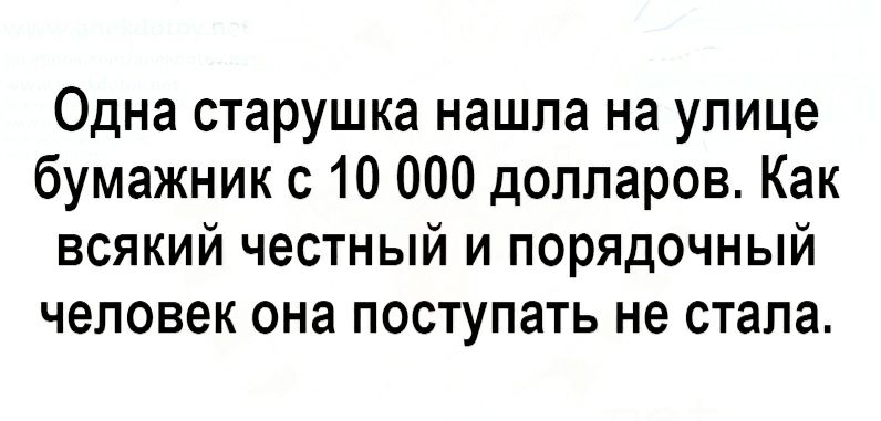 Одна старушка нашла на улице бумажник с 10 000 долларов Как всякий честный и порядочный человек она поступать не стала
