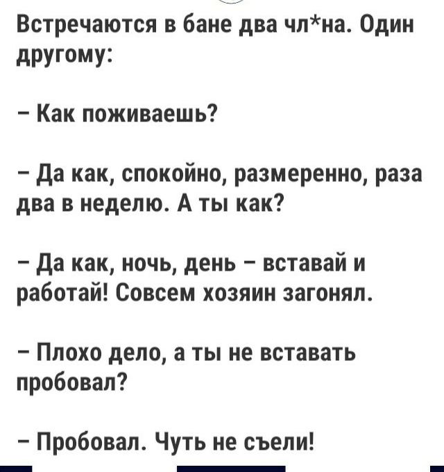 Встречаются в банейдва чпна Один другому Как поживаешь да как спокойно размеренно раза два в неделю А ты как да как ночь день вставай и работай Совсем хозяин загонял Ппохо дело а ты не вставать пробовал Пробовал Чуть не съели