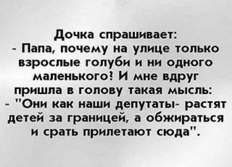 дочка спрашивает Папа почему на улице только взрослые голуби и ни одного маленького И мне вдруг пришла в голову такая мысль Они как наши депутаты растят детей за границей а обжираться и срать прилетают сюда