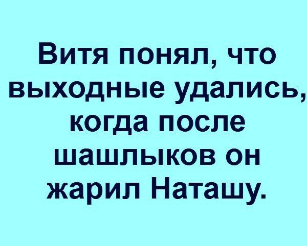 Витя понял что выходные удались когда после шашлыков он жарил Наташу