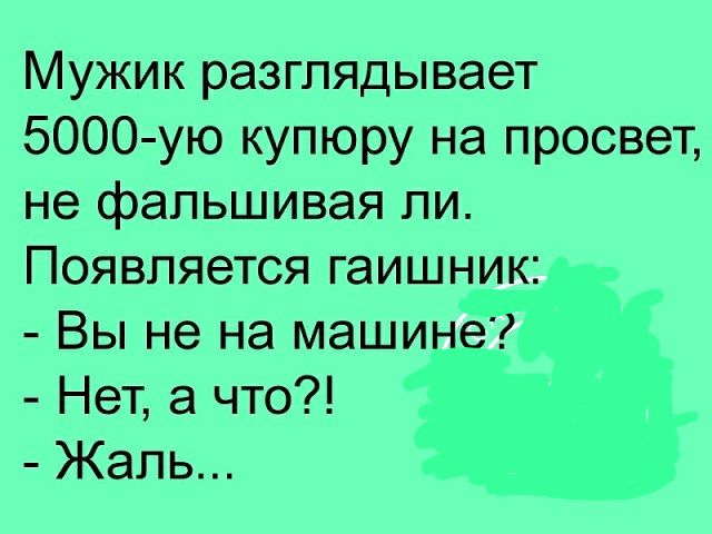 Мужик разглядывает 5000 ую купюру на просвет не фальшивая пи Появляется гаишник Вы не на маши Нет а что Жаль