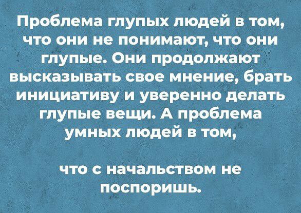 Проблема глупых людей в том что они не понимают что они глупые Они продолжают высказывать свое мнение брать инициативу и уверенно делать глупые вещи А проблема умных людей в том что с начальством не поспоришь