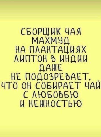 СБОРЩИК ЧАЯ МДХМНО Нд ПАДНТАЦИЯХ АИПТОН Ь ИНЦНН ОАЩЕ НЕ ПОЦОЪРЕЬАЕТ ЧТО ОН СОБЫРДЕТ ЦДИ С АЮБОЬБЮ И НЕШНОСТЬЮ