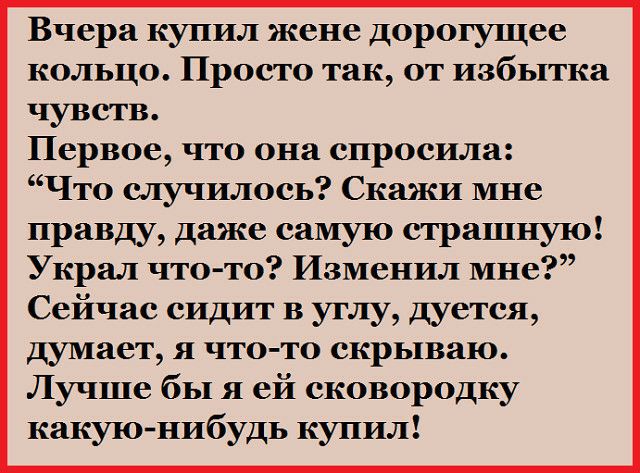 Вчера купил жене дорогущее кольцо Просто так от избытка чувств Первое что она спросила Что случилось Скажи мне правду даже самую спрашную Украл что то Изменил мне Сейчас сидит в углу дуется думает я что то скрываю Лучше бы я ей сковородку какую нибудь купил