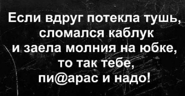 Если вдруг потекла тушь сломался каблук и заела молния на юбке то так тебе пиарас и надо