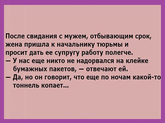 После свидания с мужем отбывающим срок жена пришла к начальнику тюрьмы и просит дать ее супругу работу полегче У нас еще никто не надорвапся на клейке бумажных пакетов отвечают ей да но он говорит что еще по ночам какой то тоннель копает