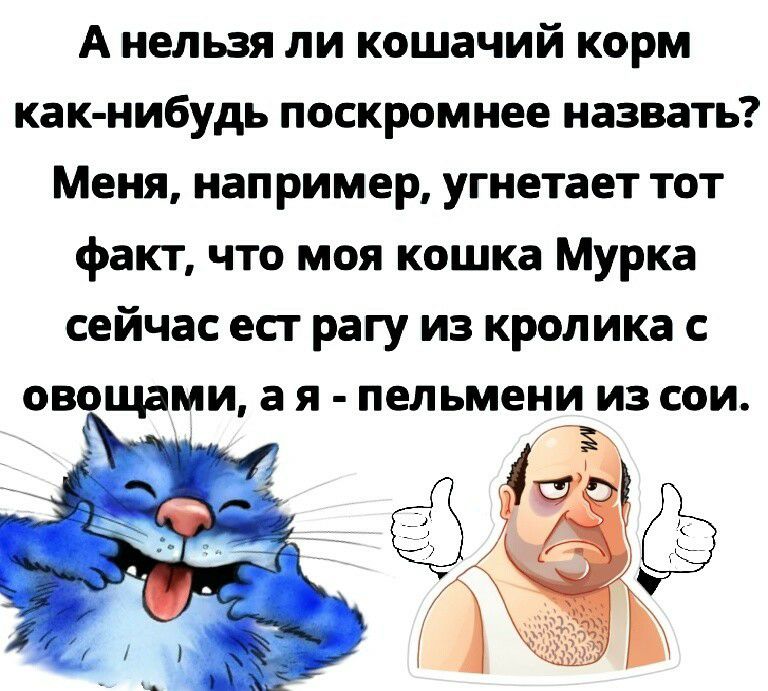 А нельзя ли кошачий корм как нибудь поскромнее назвать Меня например угнетает тот факт что моя кошка Мурка сейчас ест рагу из кролика с овощами а Я пельмени ИЗ СОИ