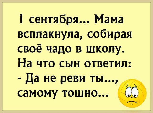 сентября Мама всплакнула собирая своё чадо в школу На что сын ответил Да не реви ты самому тошно Ф