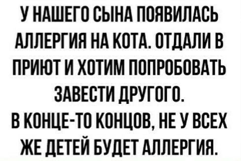 У НАШЕГС СЫНА ПСЯВИЛАСЬ АЛЛЕРГИЯ НА КОТА СТДАЛИ В ПРИЮТ И ХПТИМ ПСПРСБСВАТЬ ЗАВЕСТИ ДРУГСГС В КОНЦЕ ТС КСНЦПВ НЕ У ВСЕХ ЖЕ ДЕТЕИ БУДЕТ АЛЛЕРГИЯ