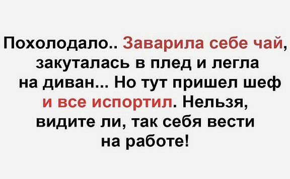 Похоподапо Заварила себе чай закуталась в плед и легла на диван Но тут пришел шеф и все испортил Нельзя видите ли так себя вести на работе