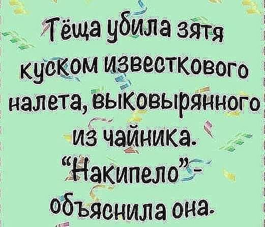 яёща убила зятя  чеком известкового налета, выковырянного;   изчайника.  Накипело?7  объявнила она.
