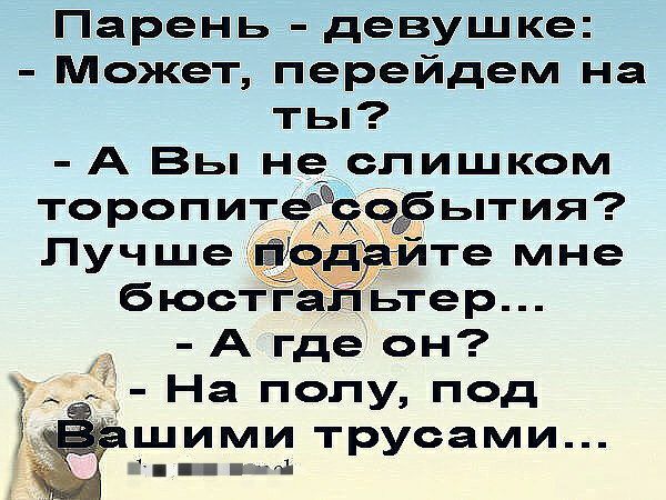 Парень девушке Может перейдем на ты А Вы не слишком торопитеЁЁЁерытия Лучше бюстга ьтер А где он ТА Ёі На полу под шими трусами 11 ум